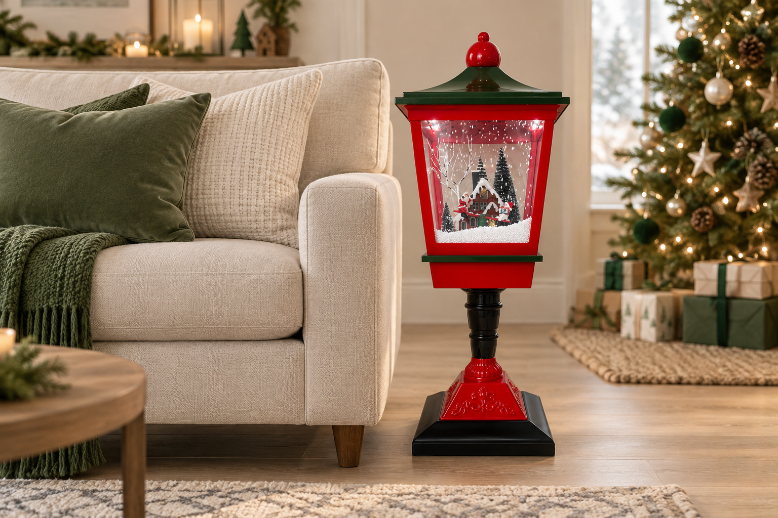 Farol navideño junto a un sofá, ambientación ilustrativa