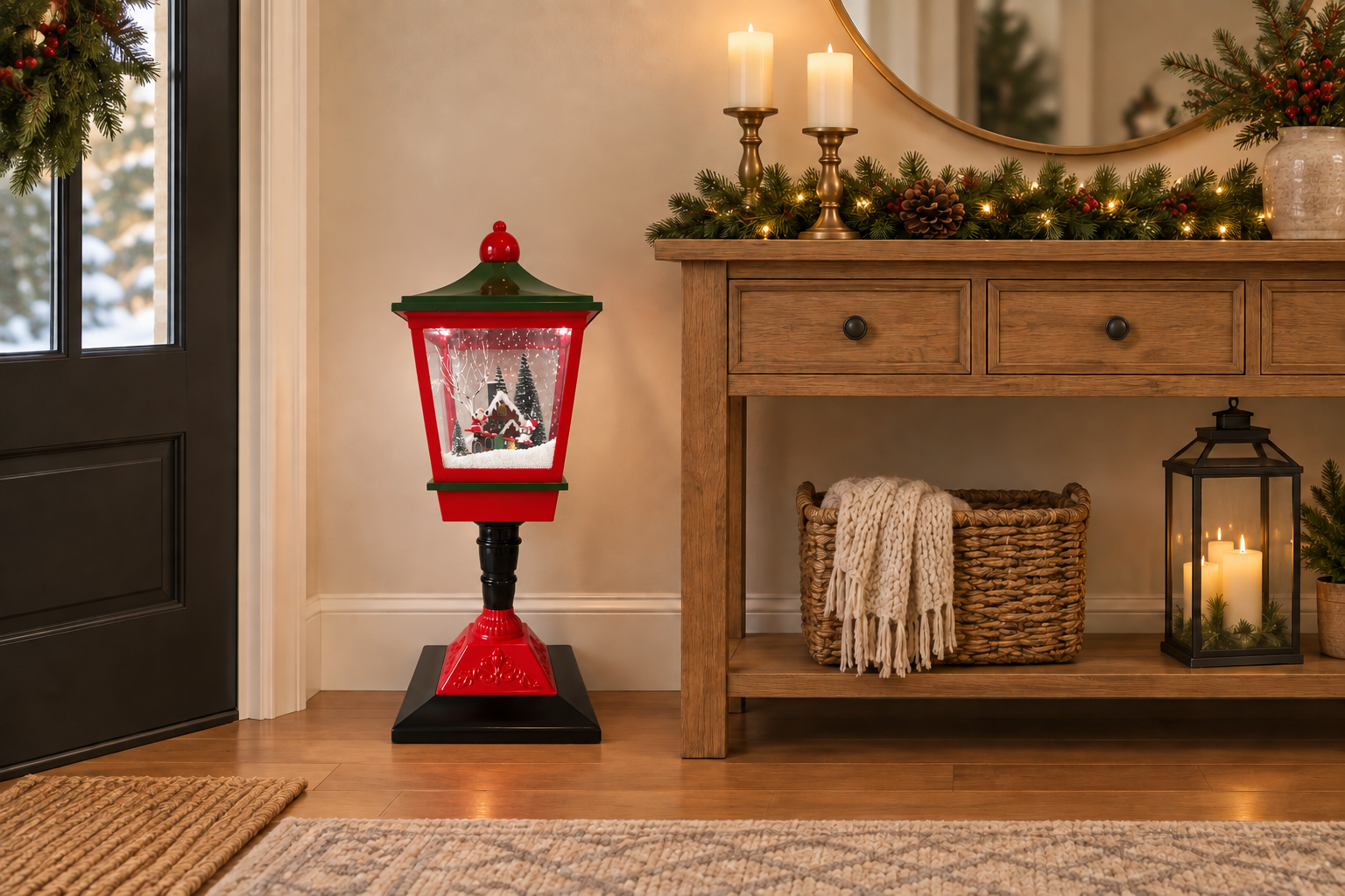 Farol navideño en recibidor, ambientación ilustrativa