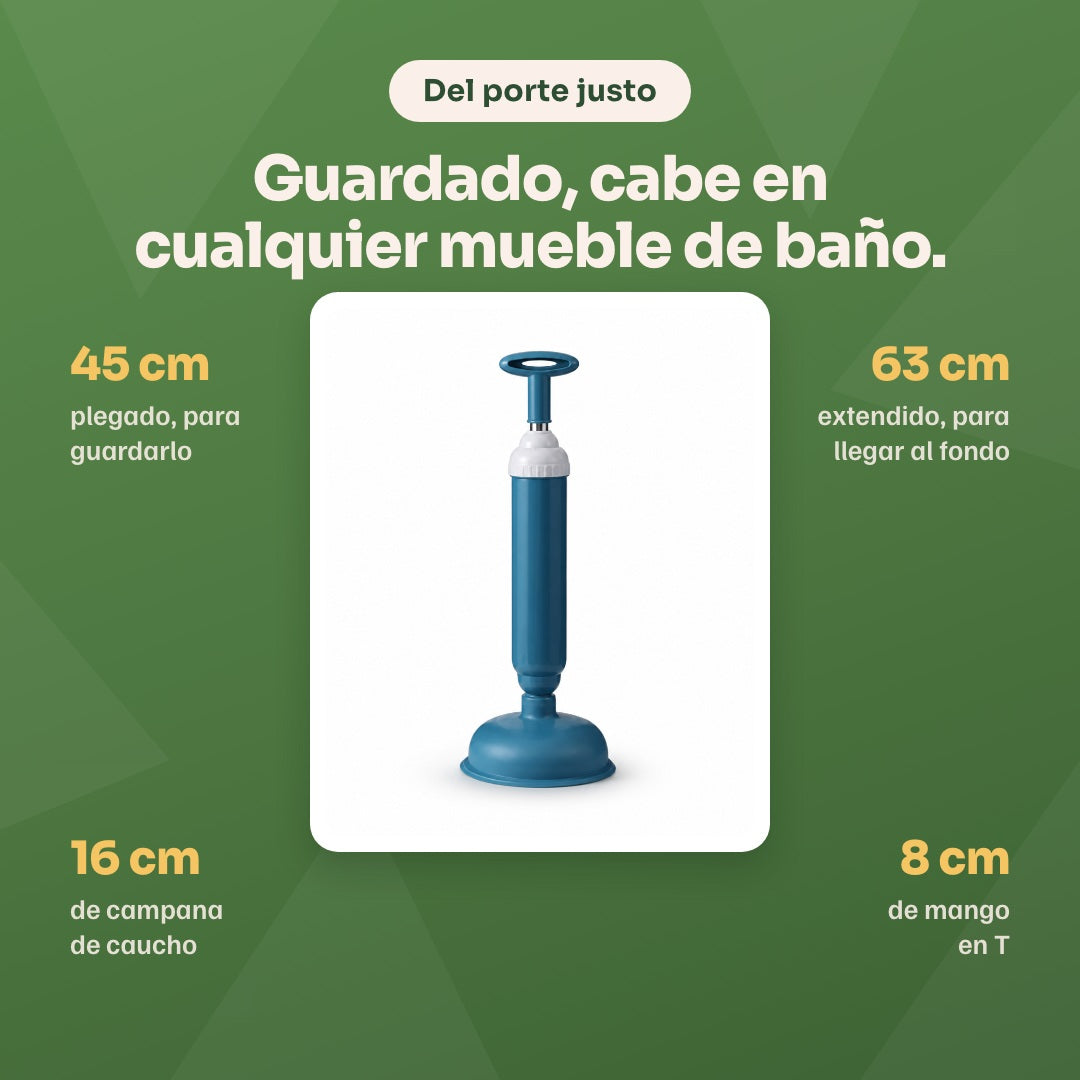 Medidas del desatascador: 45 cm plegado, 63 cm extendido, campana de caucho de 16 cm y mango en T de 8 cm