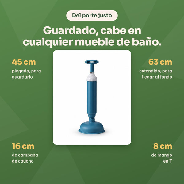 Medidas del desatascador: 45 cm plegado, 63 cm extendido, campana de caucho de 16 cm y mango en T de 8 cm