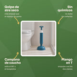 Beneficios: golpe de aire seco, sin químicos, campana de caucho que sella WC y lavaplatos, mango en T