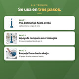 Cómo se usa en tres pasos: tira del mango hacia arriba, apoya la campana en el desagüe y empuja firme hacia abajo