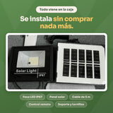 Todo viene en la caja: foco LED IP67, panel solar, cable de 5 m, control remoto, soporte y tornillos — foto real del kit