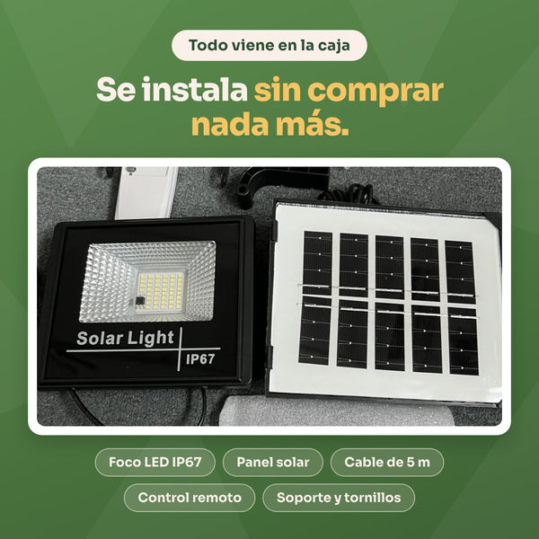 Todo viene en la caja: foco LED IP67, panel solar, cable de 5 m, control remoto, soporte y tornillos — foto real del kit
