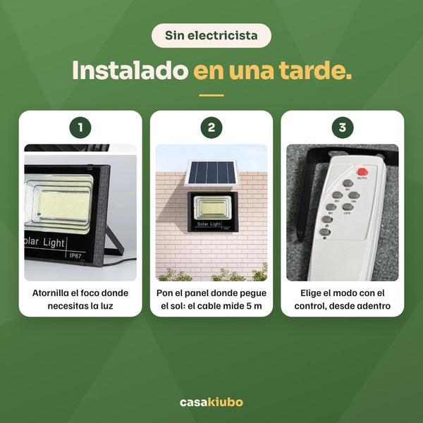 Instalado en una tarde: atornilla el foco, pon el panel al sol con su cable de 5 m y elige el modo con el control