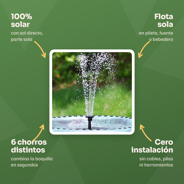 100% solar con sol directo, flota sola, 6 chorros distintos y cero instalación
