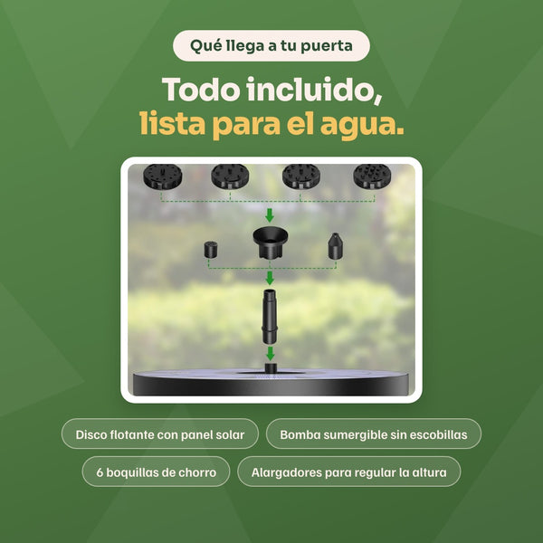 Qué llega a tu puerta: disco flotante con panel solar, bomba sumergible sin escobillas, 6 boquillas y alargadores