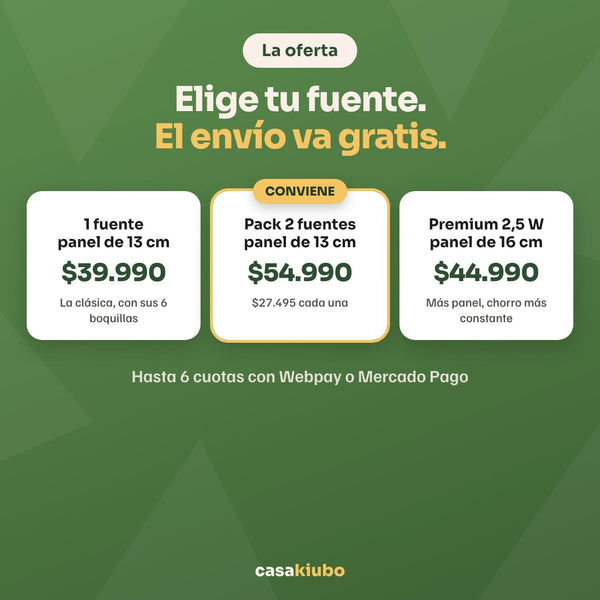 Opciones: 1 fuente a 39.990, pack de 2 a 54.990 y premium 2,5 W a 44.990, con envío gratis