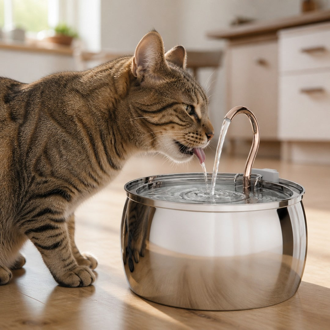 Gato bebiendo del chorro del grifo dorado de la GatAqua en la cocina