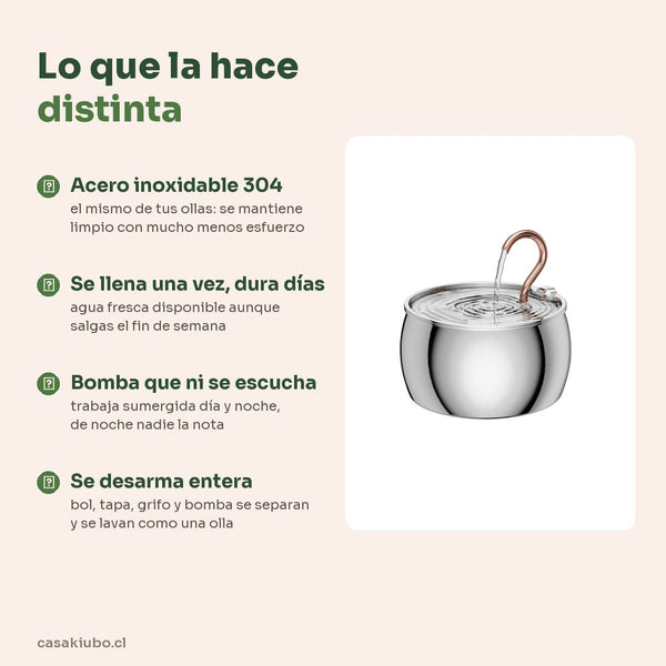Lo que la hace distinta: acero 304, se llena una vez y dura días, bomba silenciosa, se desarma entera