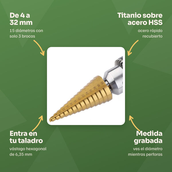 De 4 a 32 mm con 3 brocas, titanio sobre acero HSS, vástago hexagonal de 6,35 mm y medida grabada en cada escalón