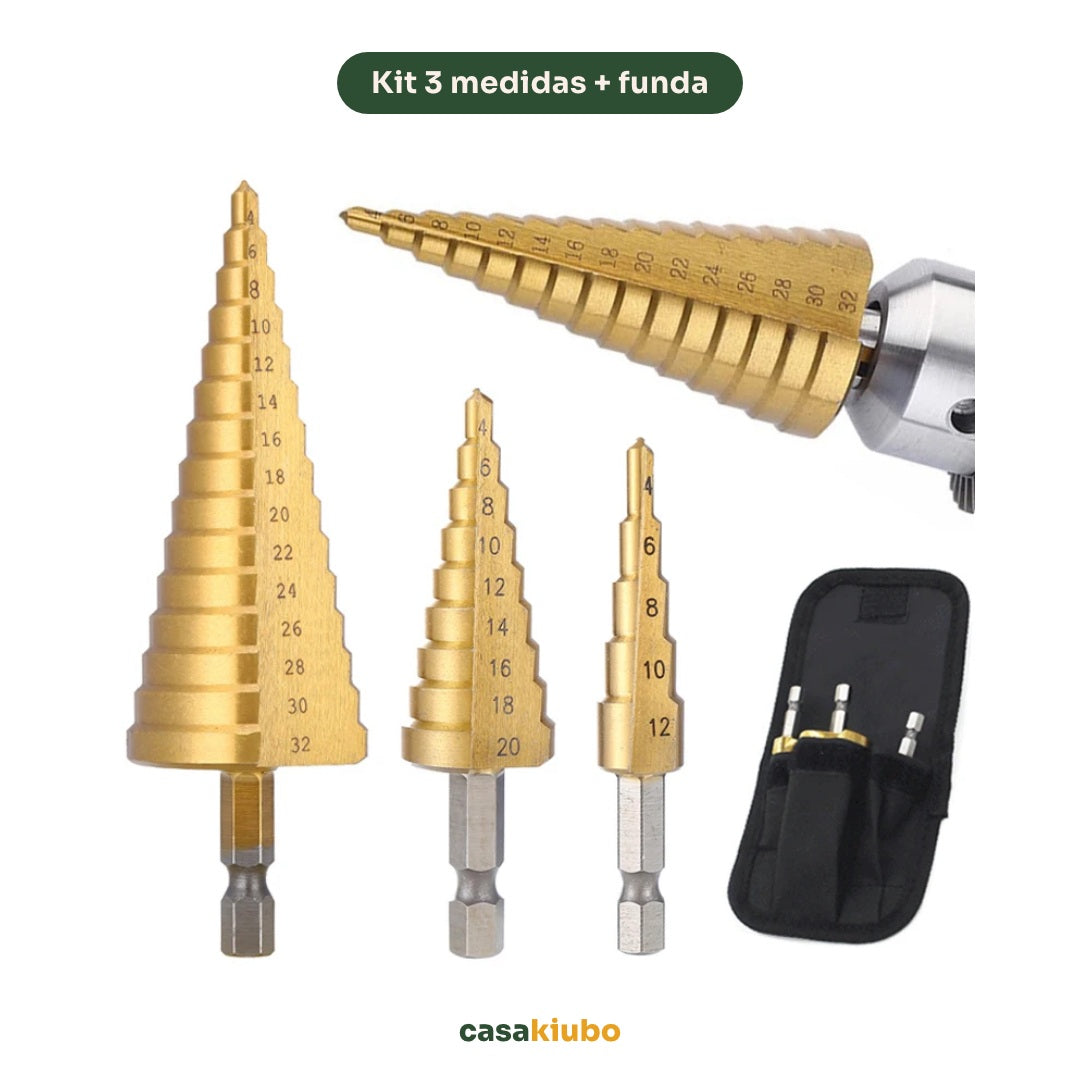 Kit de 3 brocas escalonadas de titanio 4-32 mm con su funda: kit 3 medidas + funda