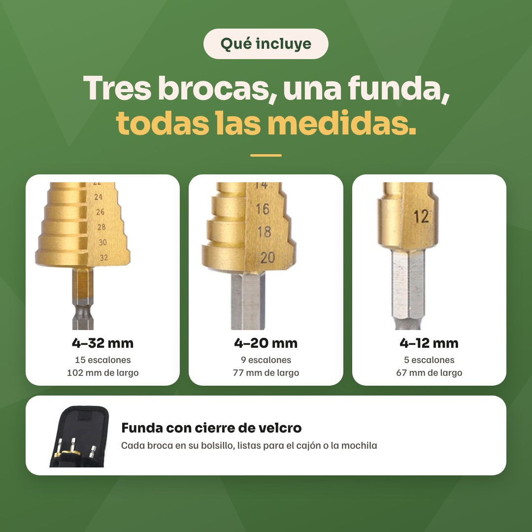 Qué incluye: broca 4-32 mm de 15 escalones, 4-20 mm de 9 escalones, 4-12 mm de 5 escalones y funda con cierre de velcro