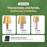 Qué incluye: broca 4-32 mm de 15 escalones, 4-20 mm de 9 escalones, 4-12 mm de 5 escalones y funda con cierre de velcro