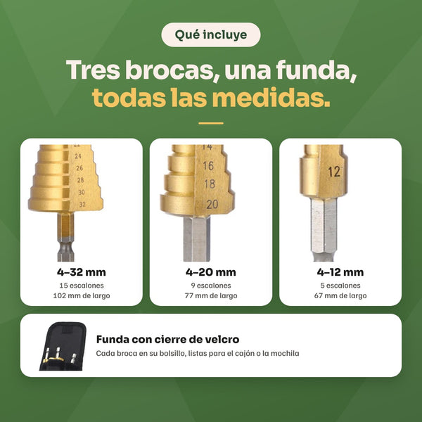Qué incluye: broca 4-32 mm de 15 escalones, 4-20 mm de 9 escalones, 4-12 mm de 5 escalones y funda con cierre de velcro