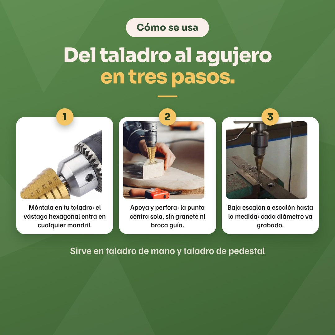 Cómo se usa en tres pasos: montar en el taladro, perforar con la punta que centra sola y bajar escalón a escalón hasta la medida