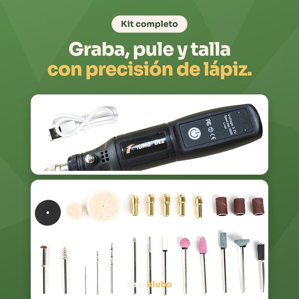 Mini rotativa inalámbrica USB con sus 24 accesorios: graba, pule y talla con precisión de lápiz
