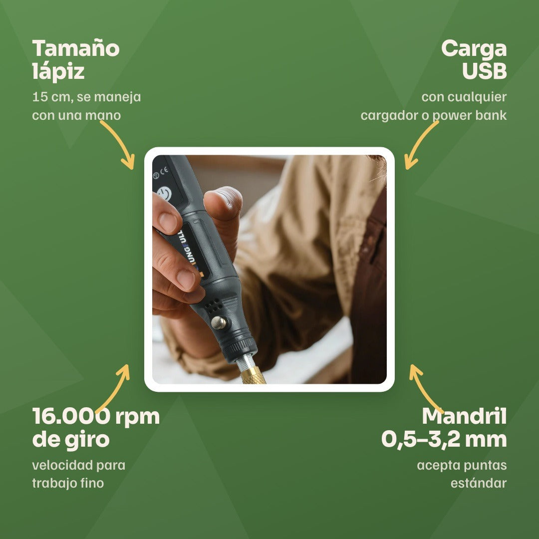 Tamaño lápiz de 15 cm, carga USB, 16.000 rpm y mandril de 0,5 a 3,2 mm