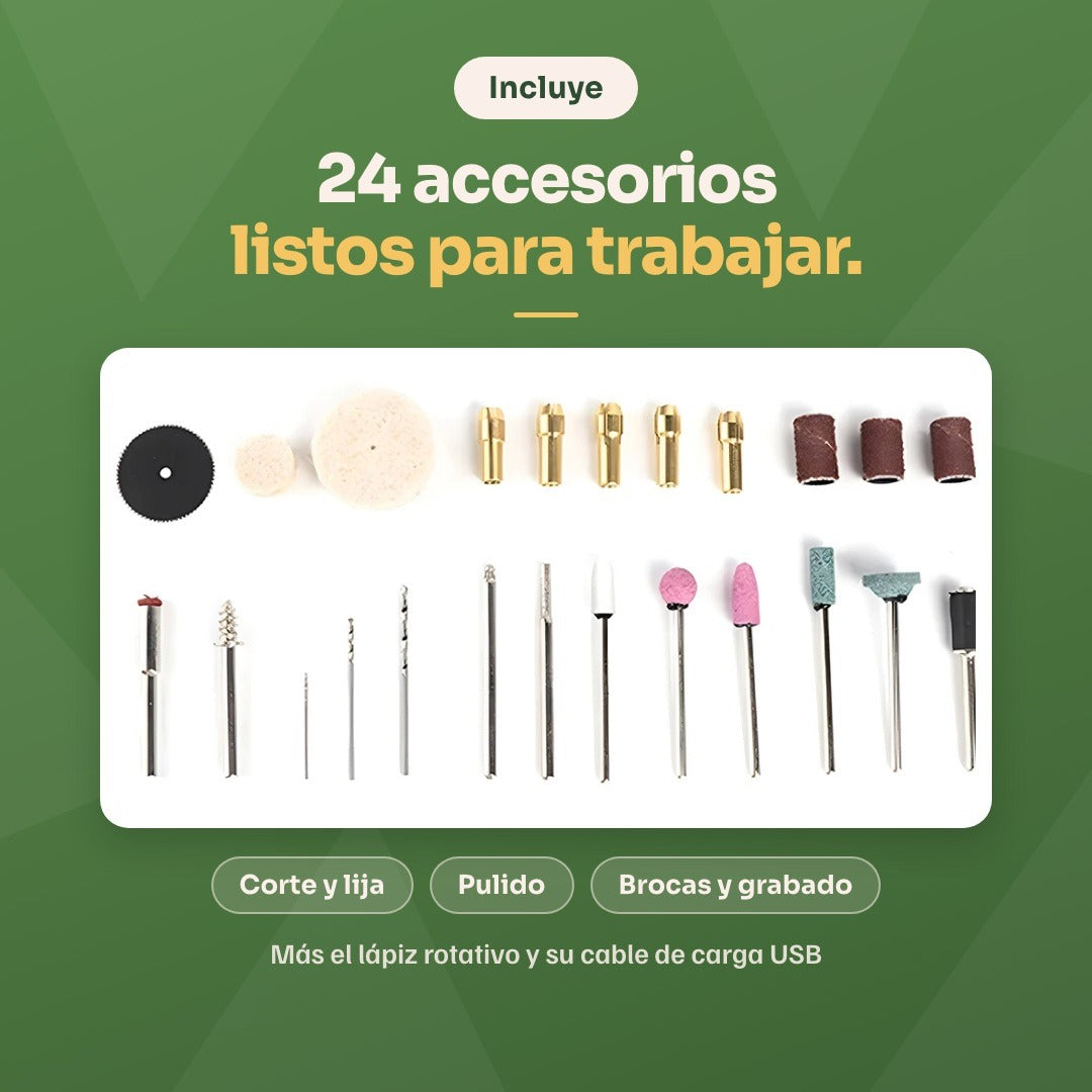 Incluye 24 accesorios listos para trabajar: corte, lija, pulido, brocas y grabado