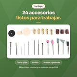 Incluye 24 accesorios listos para trabajar: corte, lija, pulido, brocas y grabado