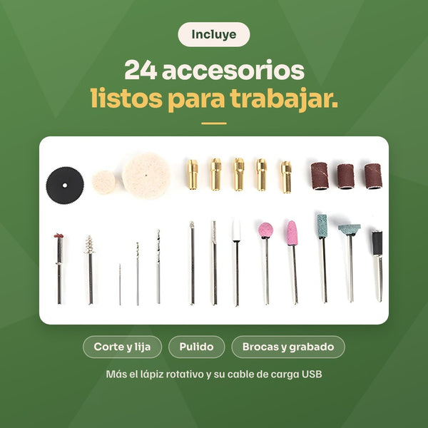 Incluye 24 accesorios listos para trabajar: corte, lija, pulido, brocas y grabado
