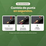 Cambia de punta en segundos: presiona el seguro, pon la punta y aprieta