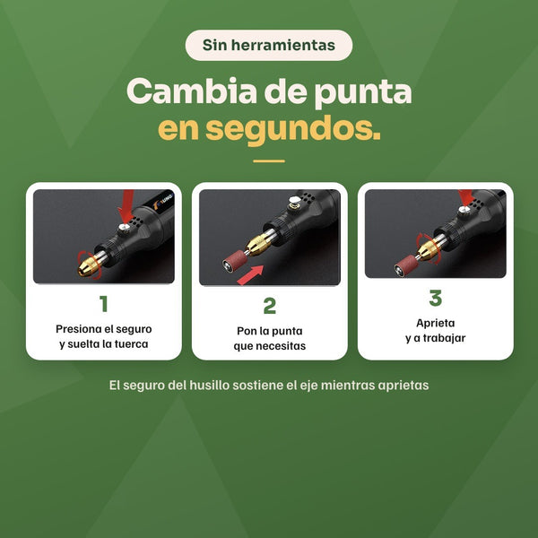 Cambia de punta en segundos: presiona el seguro, pon la punta y aprieta