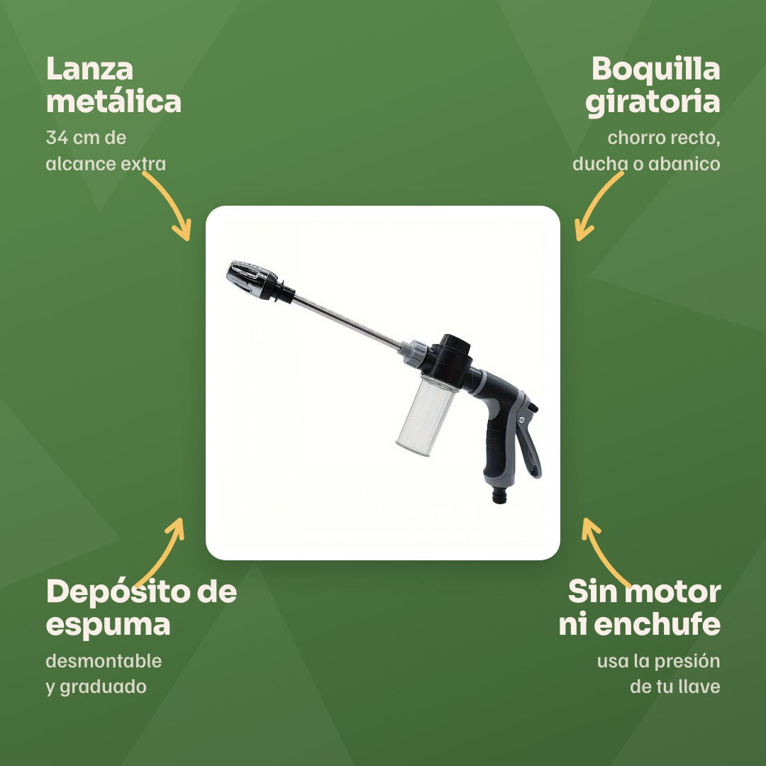 Beneficios: lanza metálica de 34 cm, boquilla giratoria con chorro recto ducha o abanico, depósito de espuma desmontable, sin motor ni enchufe