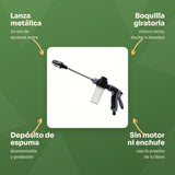 Beneficios: lanza metálica de 34 cm, boquilla giratoria con chorro recto ducha o abanico, depósito de espuma desmontable, sin motor ni enchufe