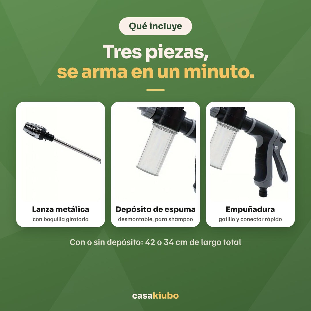 Qué incluye: lanza metálica con boquilla giratoria, depósito de espuma desmontable y empuñadura con gatillo y conector rápido
