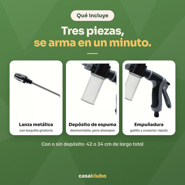 Qué incluye: lanza metálica con boquilla giratoria, depósito de espuma desmontable y empuñadura con gatillo y conector rápido