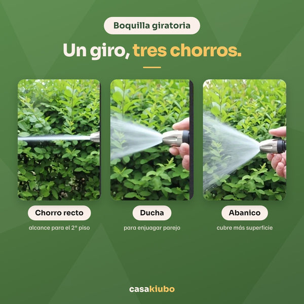 Boquilla giratoria con tres chorros: recto con alcance, ducha para enjuagar y abanico para cubrir superficie
