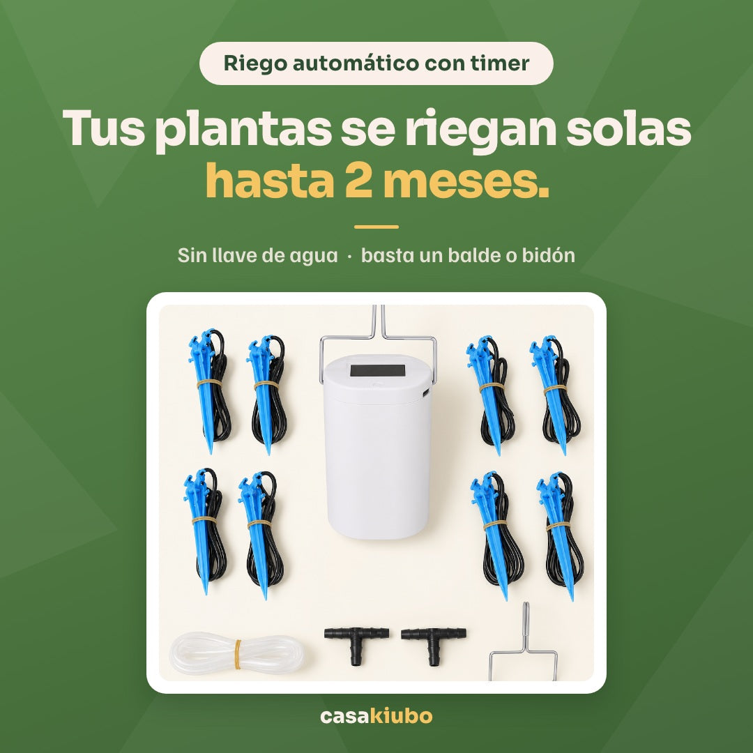 Riego automático con timer: tus plantas se riegan solas hasta 2 meses, sin llave de agua, basta un balde o bidón