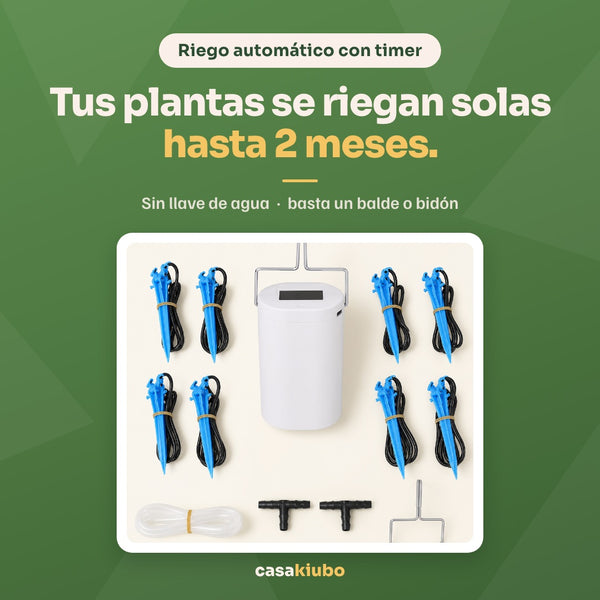 Riego automático con timer: tus plantas se riegan solas hasta 2 meses, sin llave de agua, basta un balde o bidón