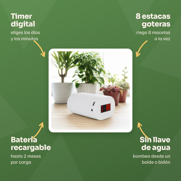 Beneficios: timer digital con días y minutos, 8 estacas goteras, batería recargable de hasta 2 meses por carga, sin llave de agua