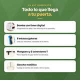 El kit completo: bomba con timer digital, 8 estacas goteras, manguera con 2 conectores T y gancho metálico