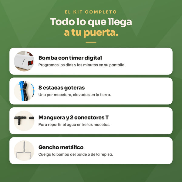El kit completo: bomba con timer digital, 8 estacas goteras, manguera con 2 conectores T y gancho metálico