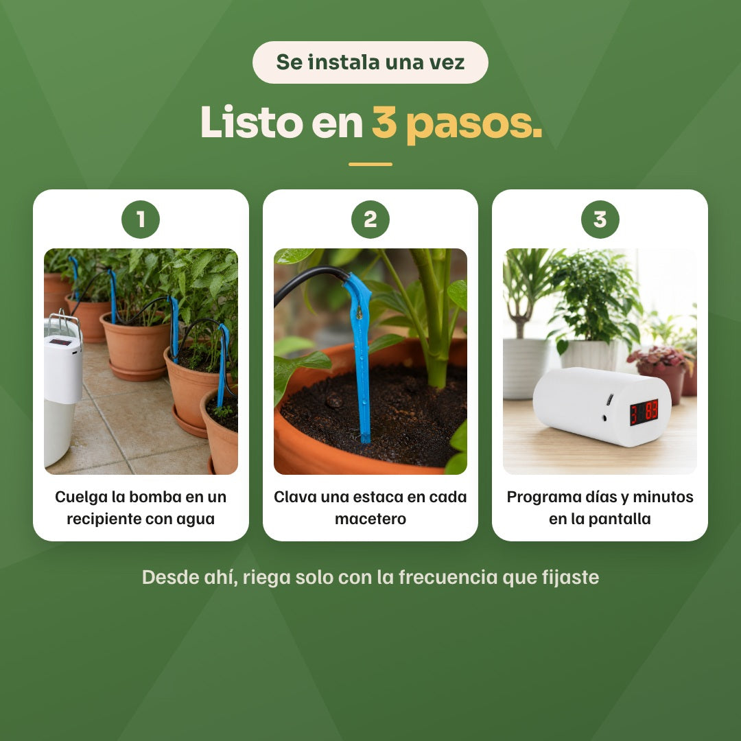 Listo en 3 pasos: cuelga la bomba en un recipiente con agua, clava una estaca en cada macetero y programa días y minutos
