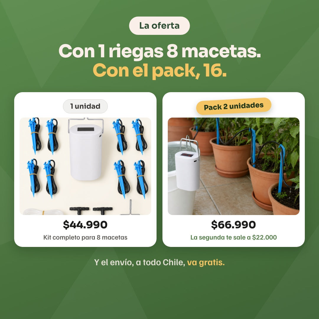 La oferta: 1 unidad riega 8 macetas por 44.990, pack de 2 unidades riega 16 por 66.990, con envío gratis a todo Chile